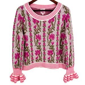 NEW NWOT So Me Womens Medium Pink Wool Blend Sweater Floral Winter Intarsia